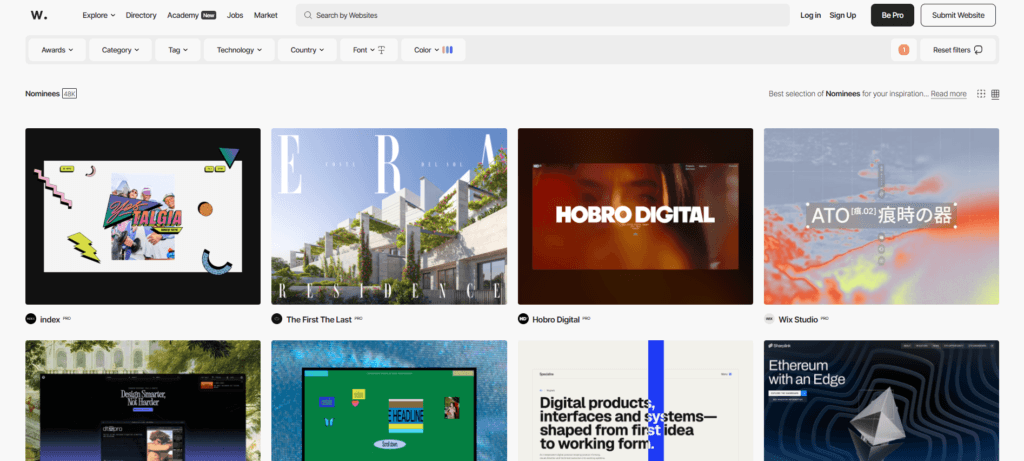 Contoh tampilan galeri inspirasi desain website Awwwards