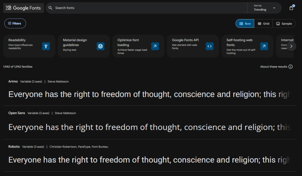 Tampilan koleksi font gratis di Google Fonts