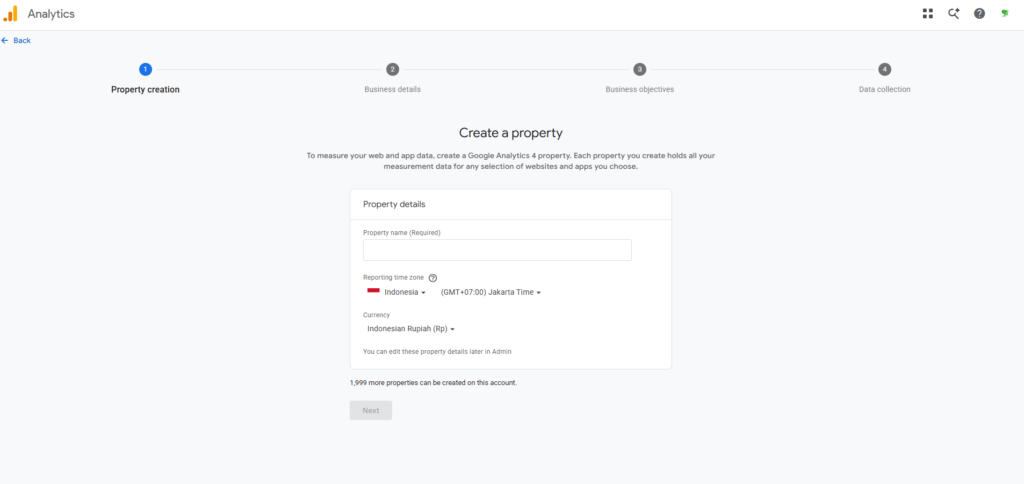 cara membuat property GA4 di Google Analytics